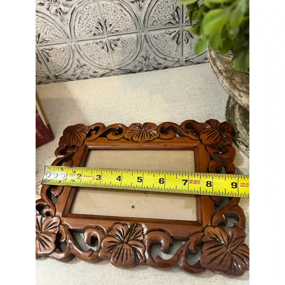 Vintage Hand Carved Wood Floral Picture Frame Boho Tropical Wall Decor 5.5x3x5